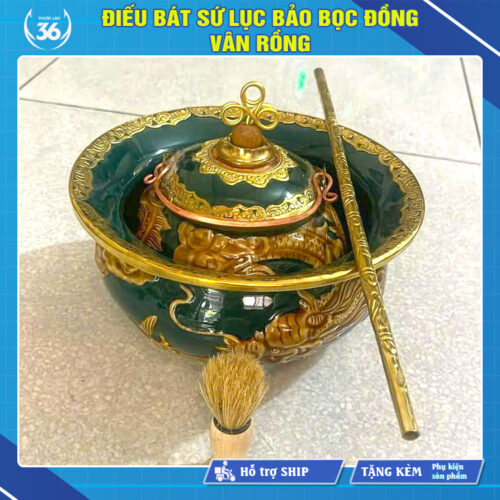 Điếu Bát Sứ Lục Bảo Bọc Đồng Vân Rồng